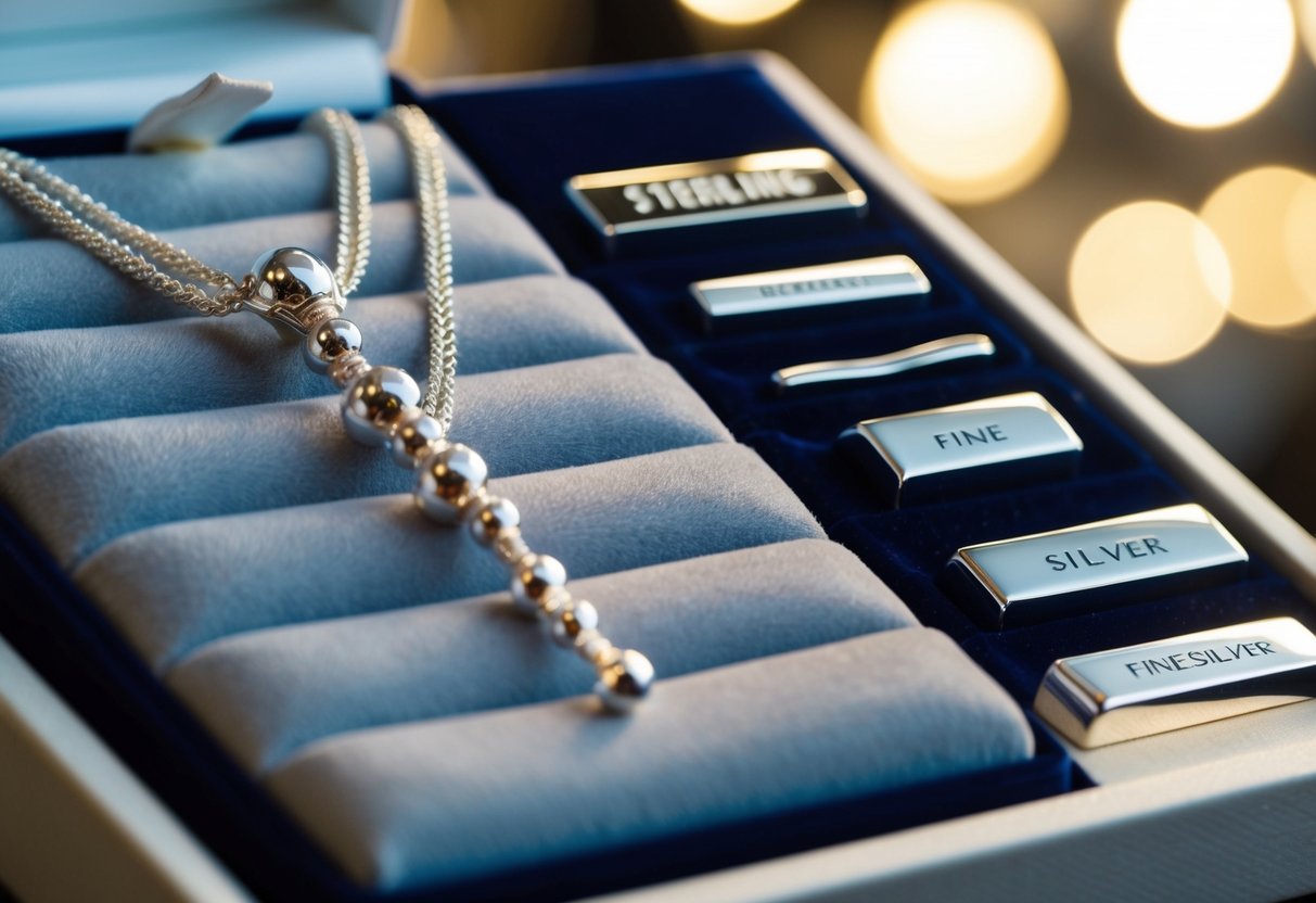 A silver necklace lies on a velvet display, catching the light and reflecting a soft glow. Different types of silver, such as sterling and fine silver, are arranged next to it for comparison