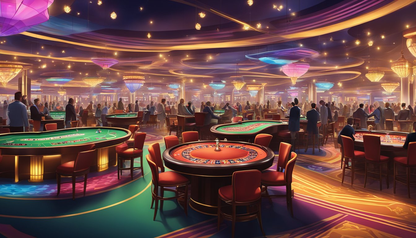 A bustling casino floor with baccarat and other table games, surrounded by colorful lights and lively atmosphere