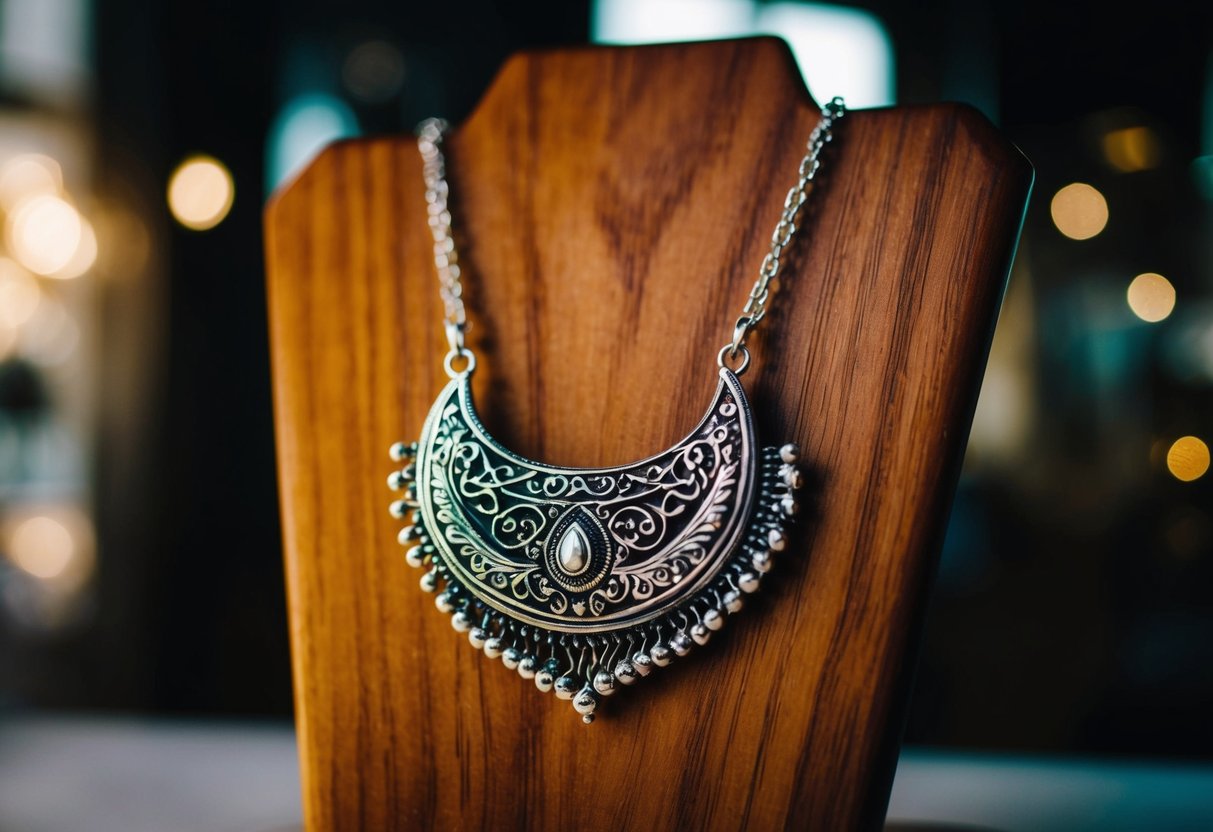 A silver necklace hanging on a wooden display stand, catching the light to highlight its intricate design and craftsmanship