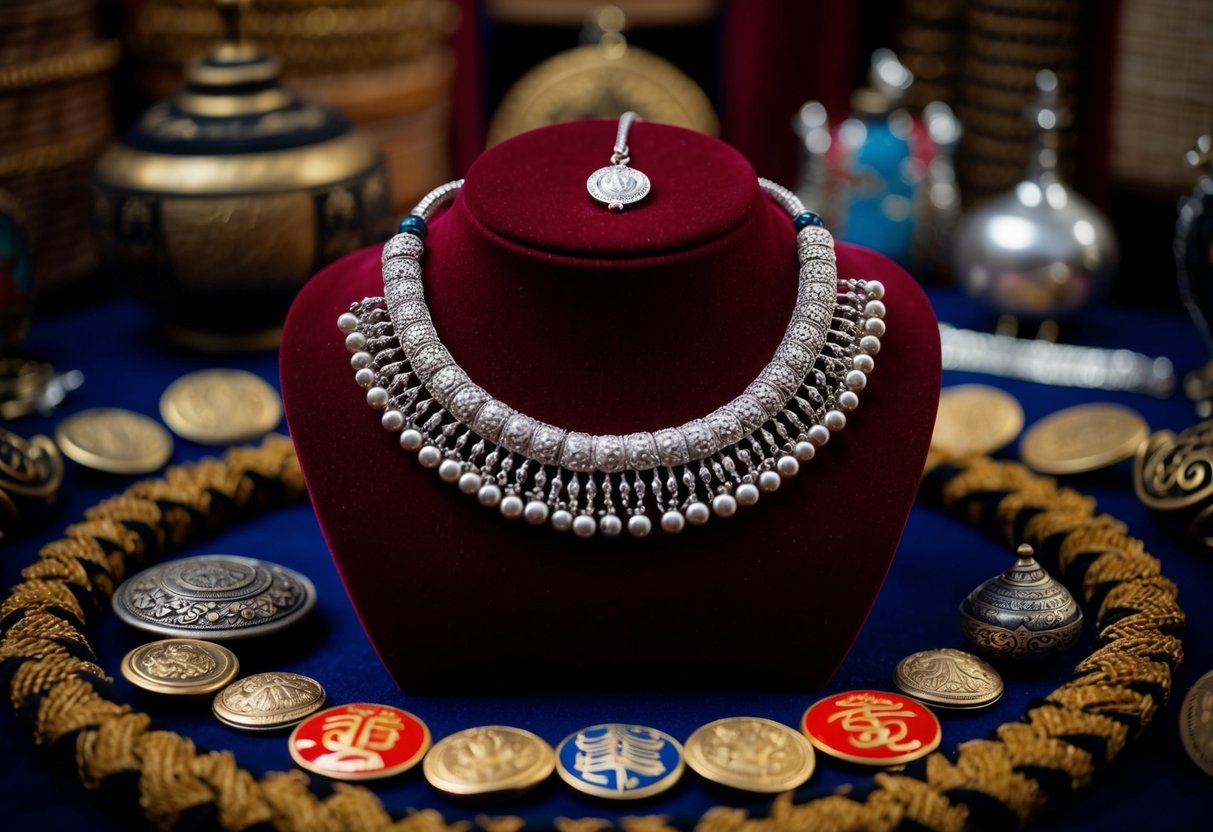 A silver necklace displayed on a velvet cushion, surrounded by traditional cultural symbols and artifacts