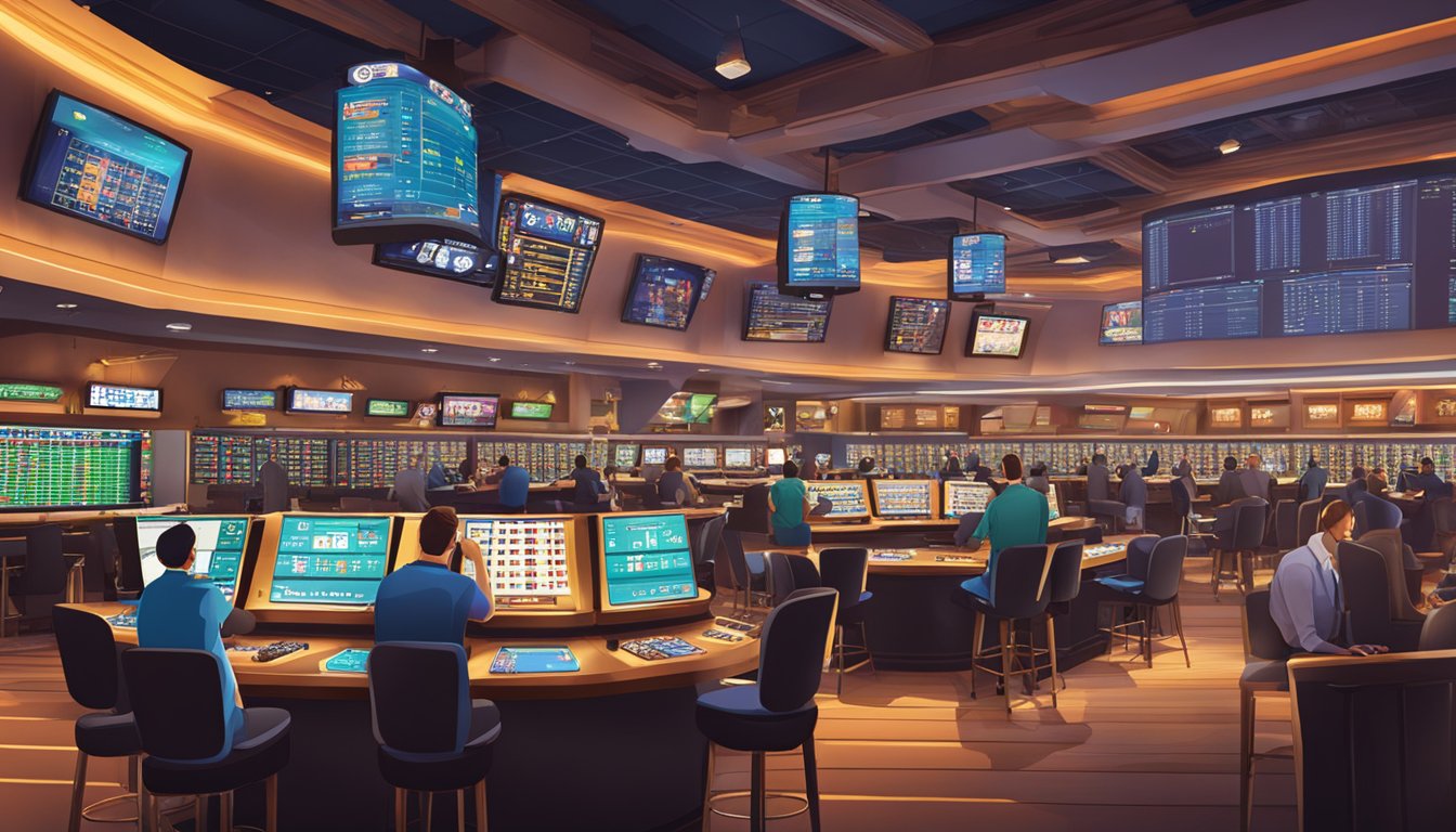 A bustling sportsbook and live betting area in a vibrant casino setting. Multiple screens display odds and games, while patrons place their bets at various stations