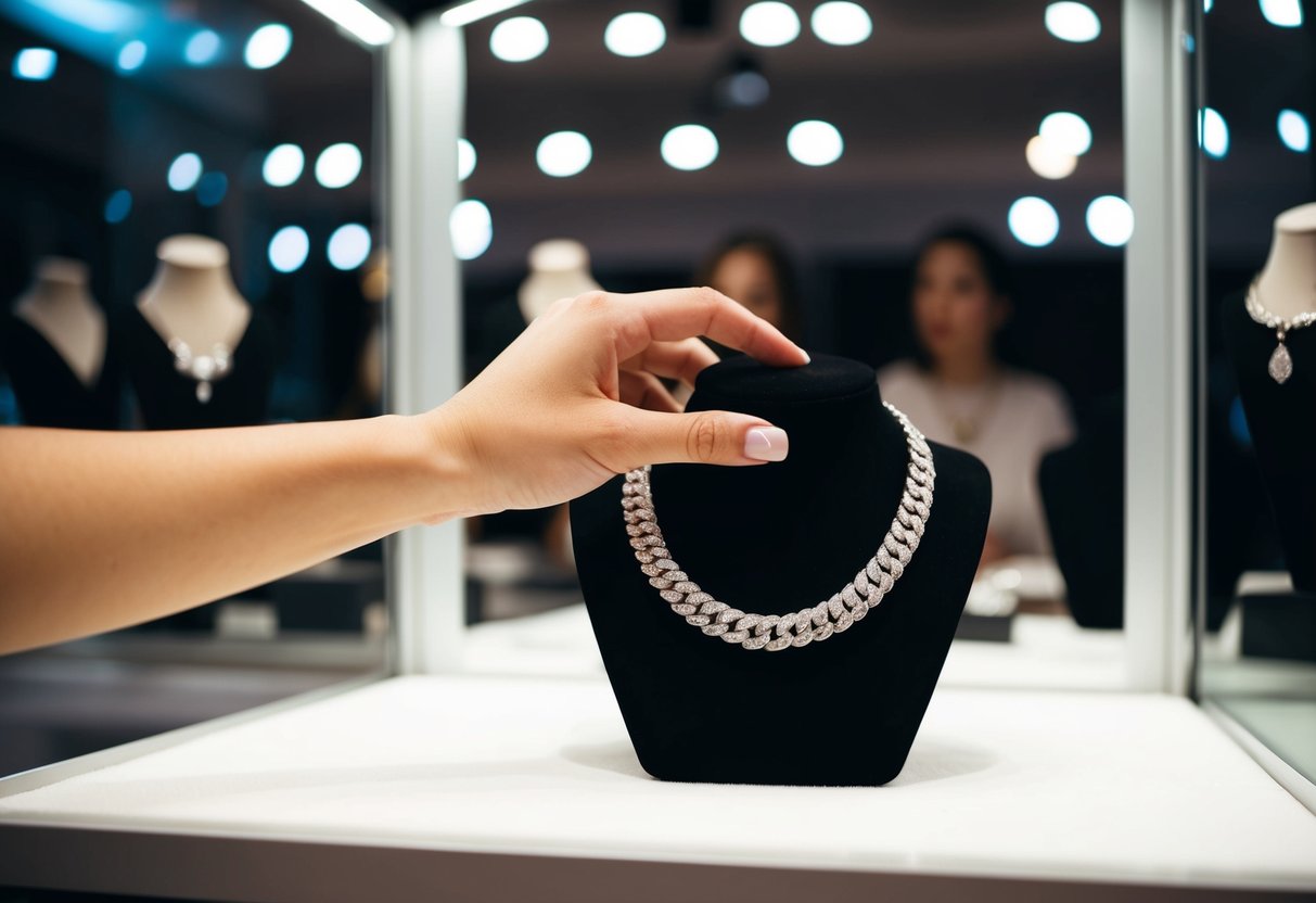 A hand reaching for a silver necklace on display in a jewelry store. The necklace is elegantly displayed on a black velvet stand under bright spotlights