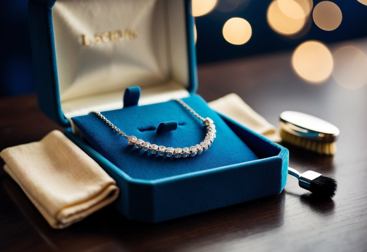 A silver necklace rests on a velvet-lined jewelry box, surrounded by a soft cloth and a small polishing brush