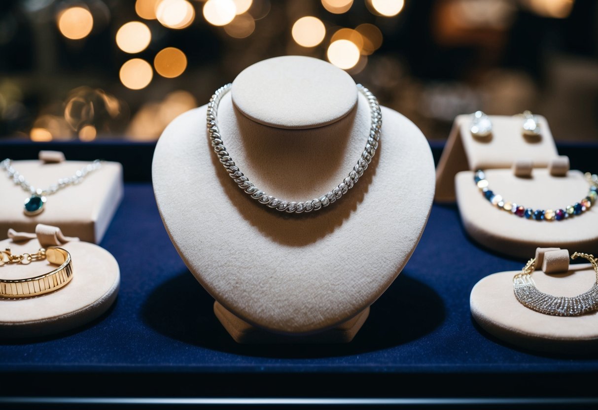 A silver necklace on a velvet display stand, surrounded by trendy and popular style jewelry pieces