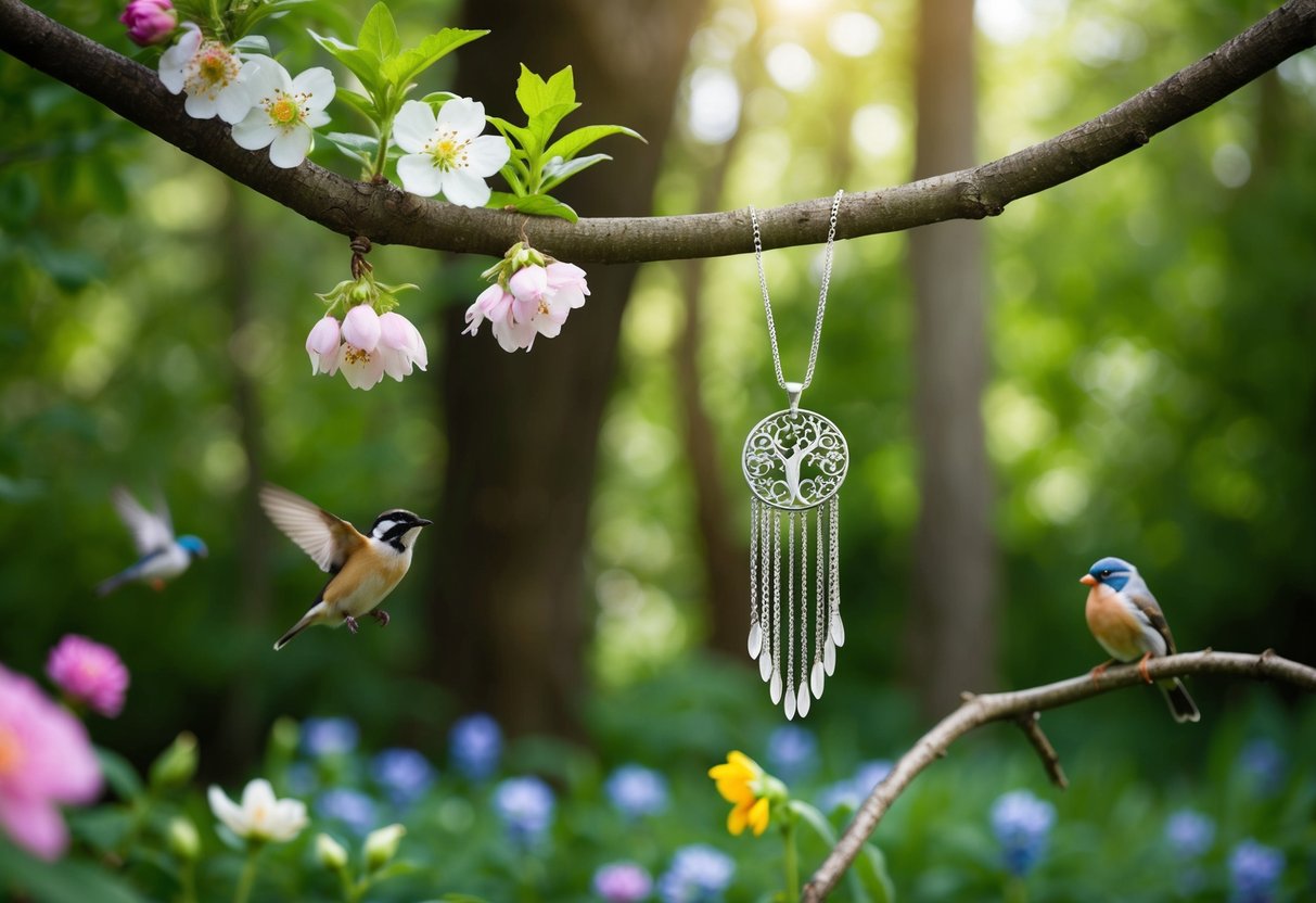 A silver necklace hangs from a tree branch in a lush forest, surrounded by blooming flowers and chirping birds. The setting exudes a sense of natural beauty and ethical harmony