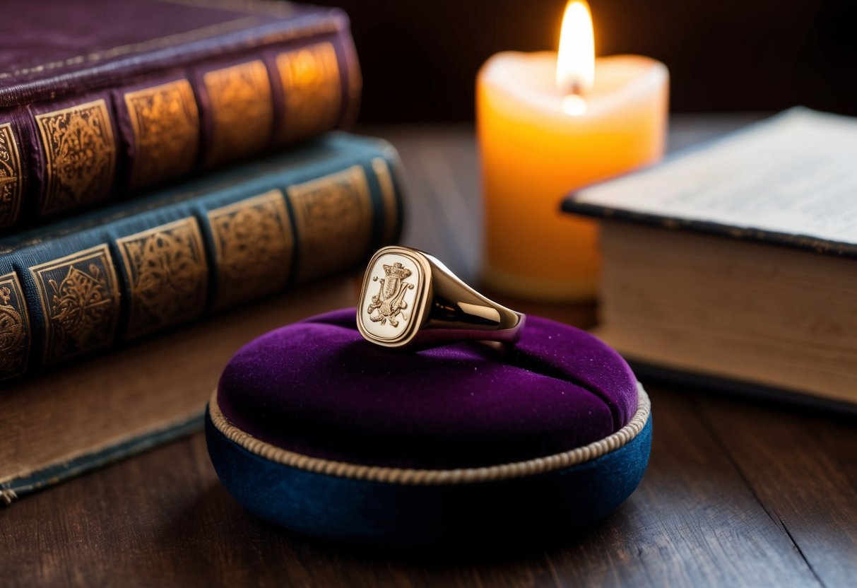 A custom signet ring resting on a velvet cushion, surrounded by antique books and a flickering candle