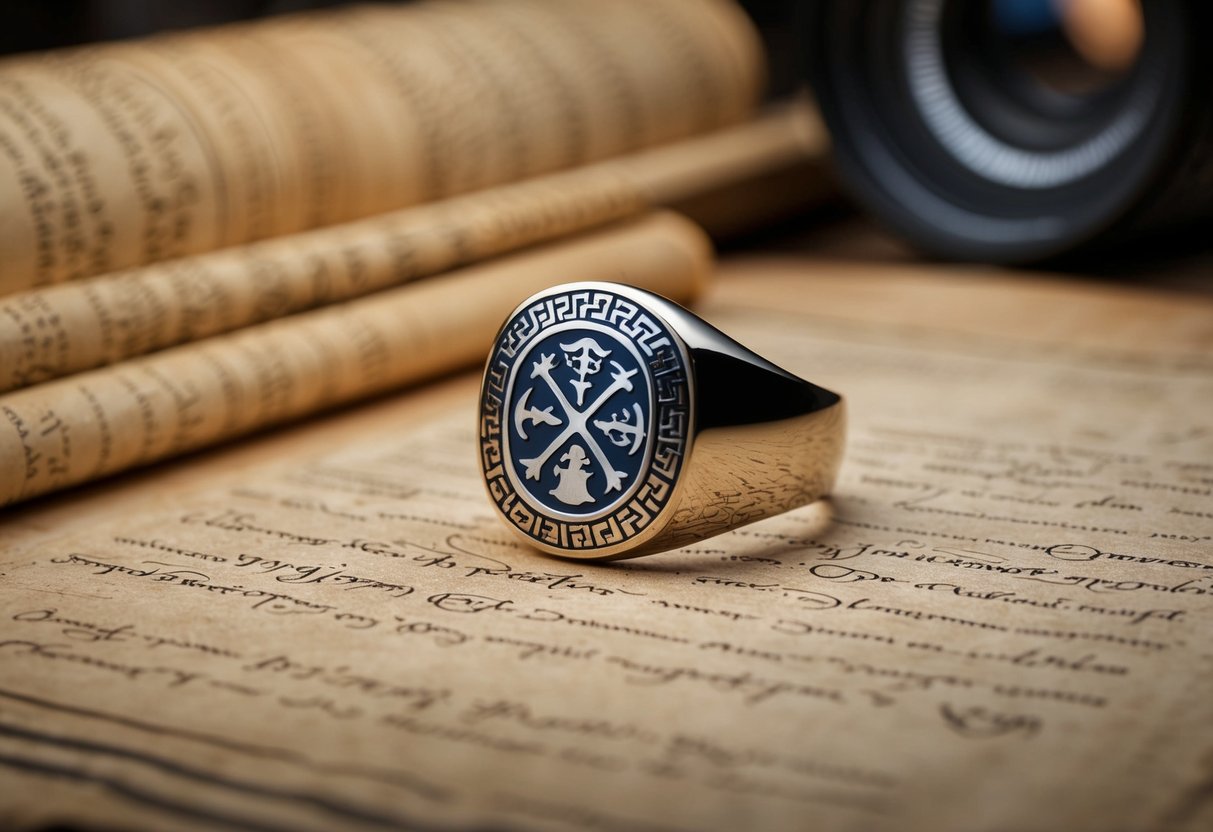 A custom signet ring with a rich history, featuring intricate designs and symbols, set against a backdrop of ancient scrolls and historical documents