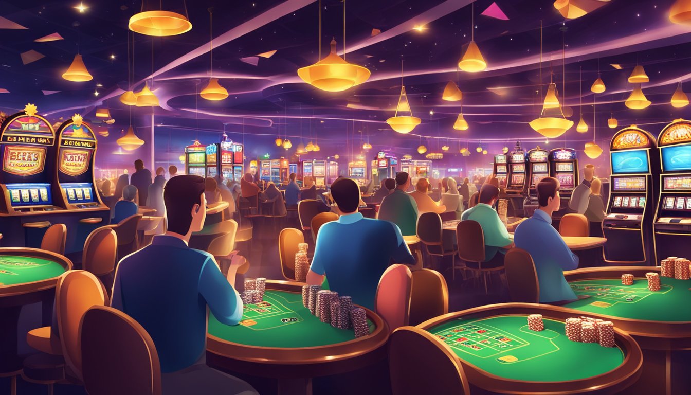 A bustling casino with bright lights, slot machines, and card tables. Customers enjoy responsible gambling and entertainment in a lively atmosphere