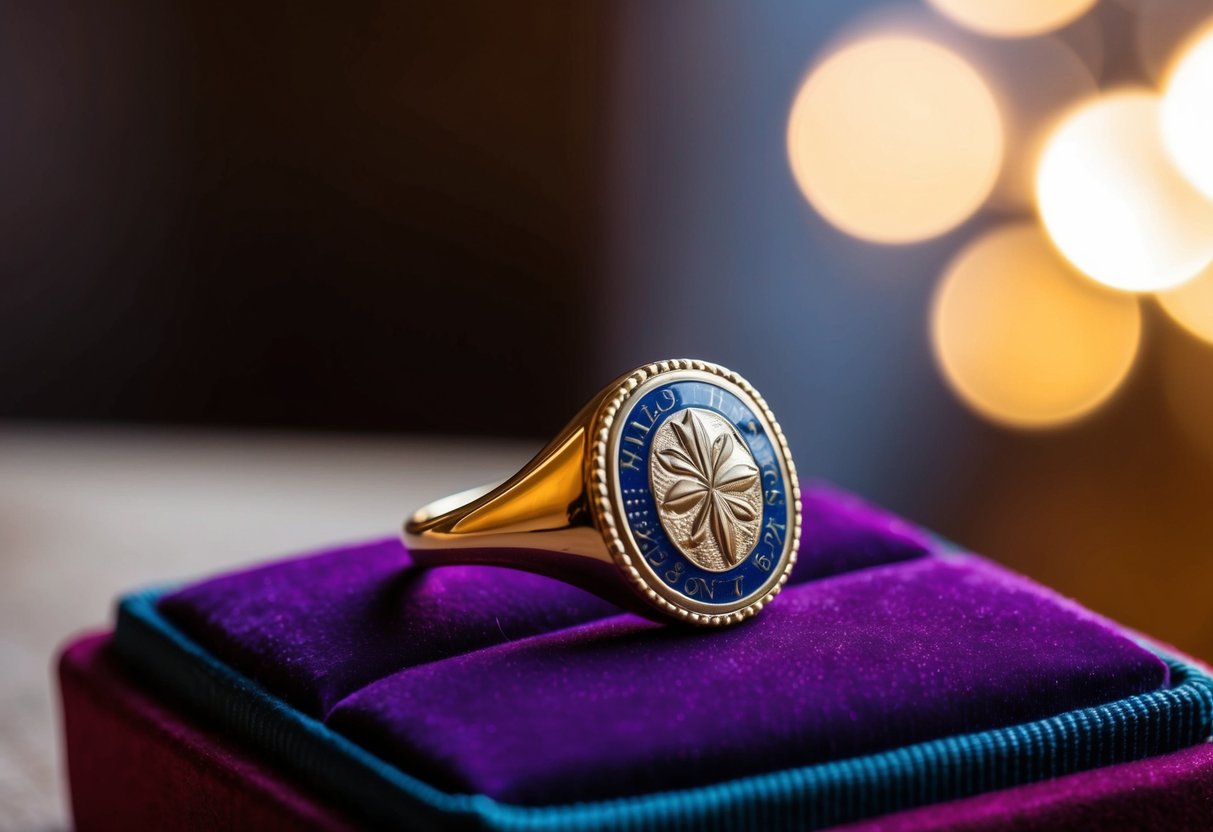 A handcrafted signet ring being delicately placed on a velvet cushion, with soft lighting highlighting its intricate design and polished finish