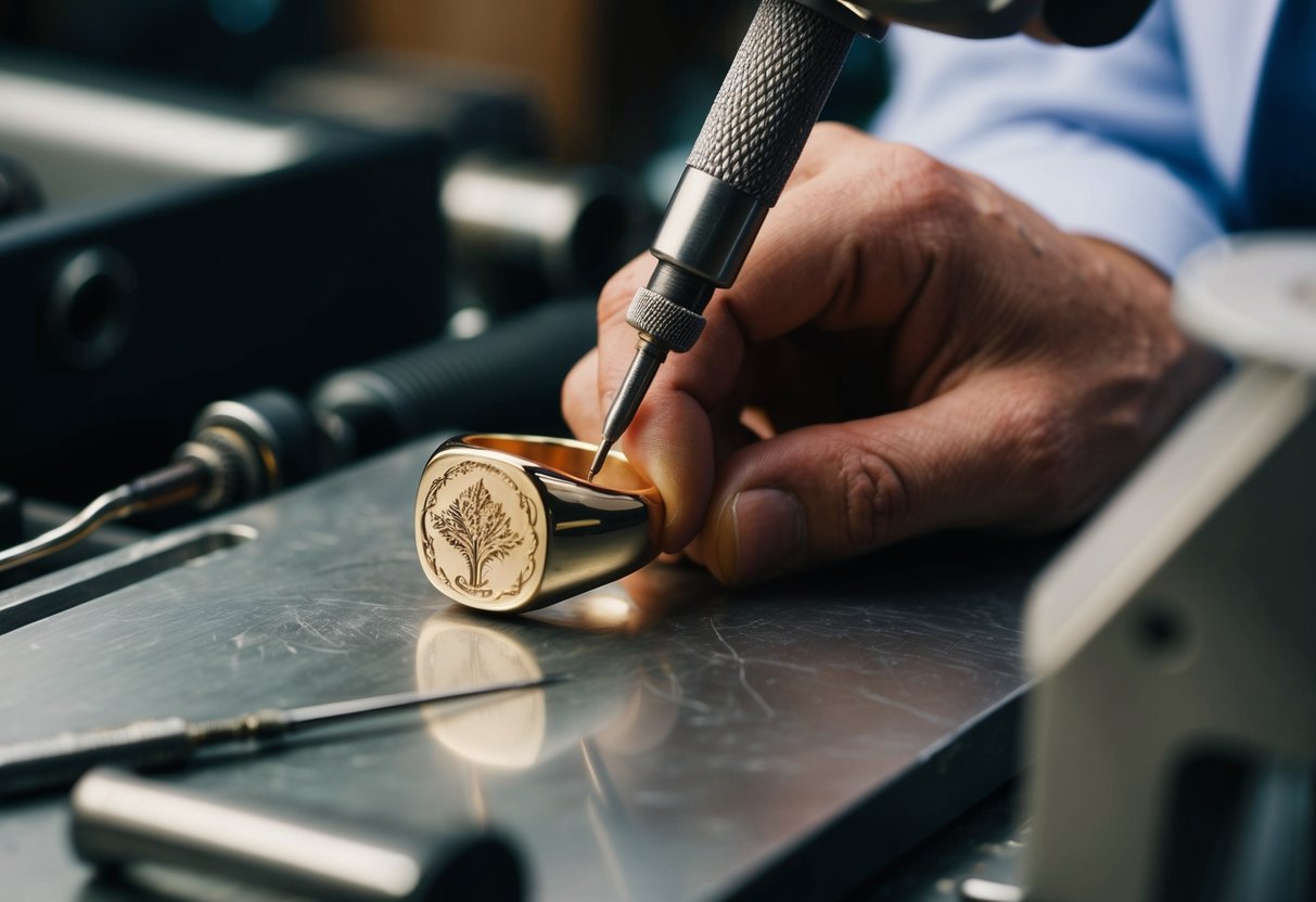 A jeweler meticulously engraves a custom signet ring design onto a polished metal surface. The workshop is filled with the sound of precise tools shaping the intricate details