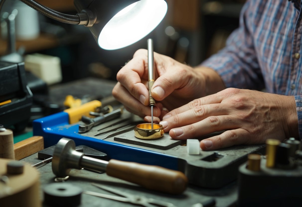 A jeweler carefully engraves a custom signet ring, surrounded by tools and materials on a workbench