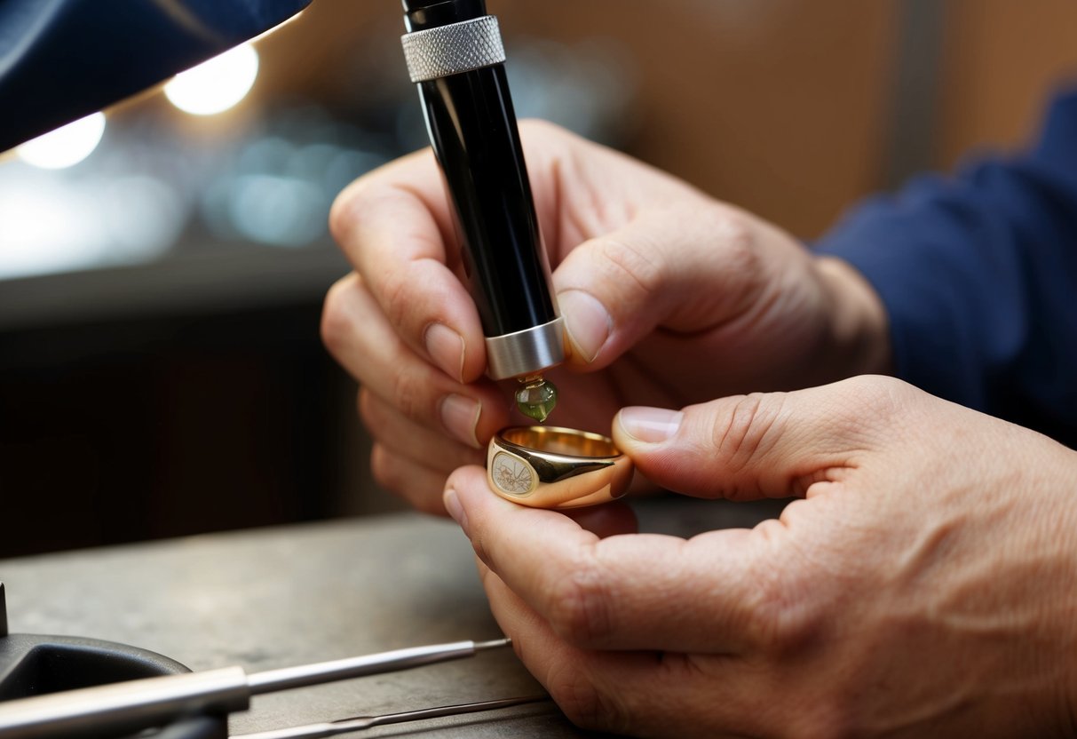 A jeweler carefully engraves a custom signet ring, using precision tools and a magnifying glass to ensure intricate details