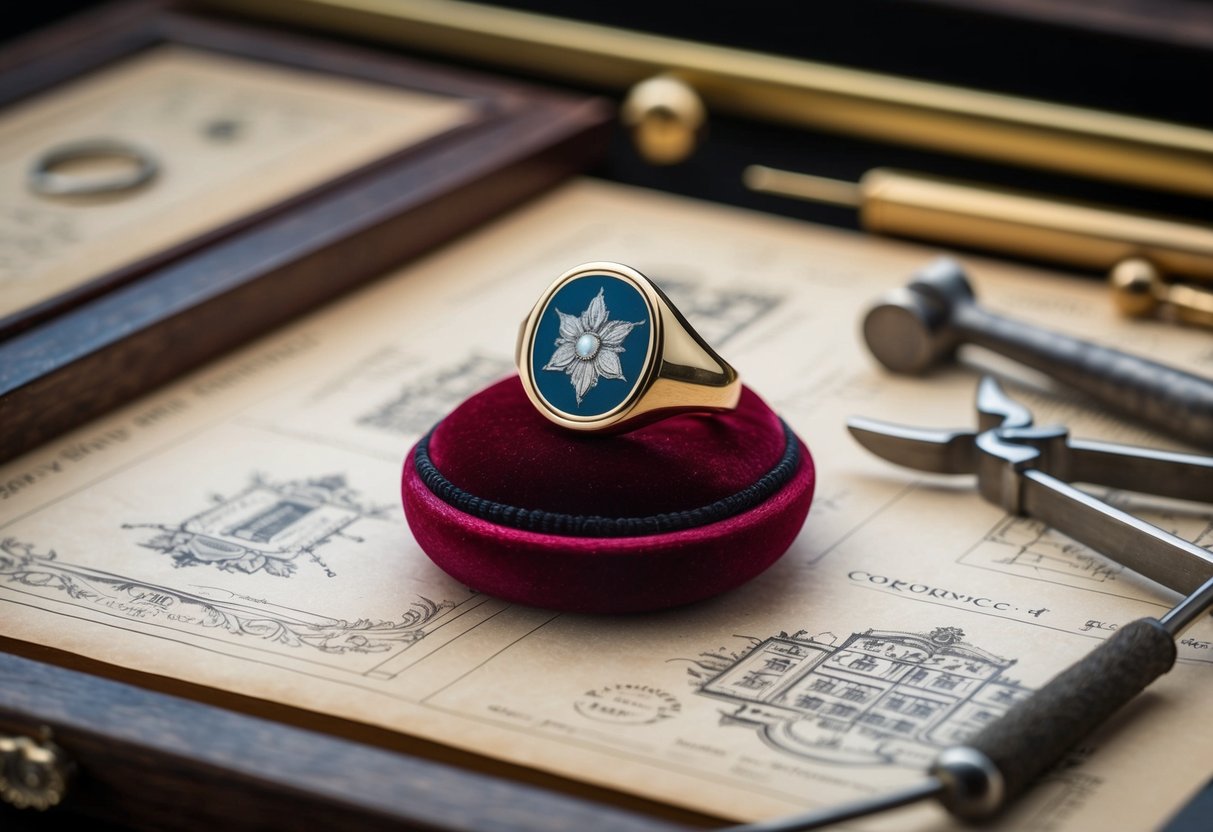 A handcrafted custom signet ring displayed on a velvet cushion, surrounded by antique design sketches and modern jewelry tools