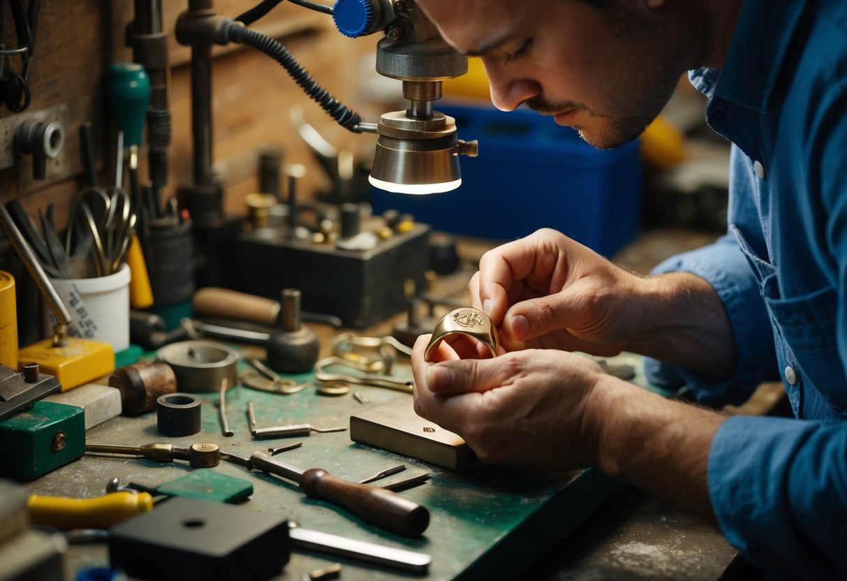 A jeweler carefully engraves a custom signet ring, surrounded by various tools and materials on a cluttered workbench