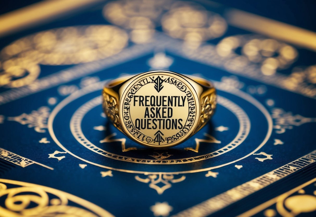 A custom signet ring with the words "Frequently Asked Questions" engraved on the face, surrounded by intricate designs and patterns