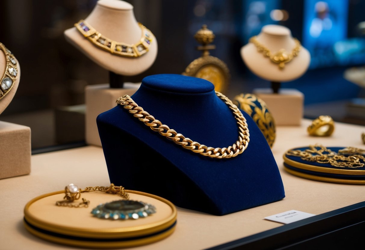 A 14k gold chain lies on a velvet display, surrounded by antique jewelry and historical artifacts. The chain gleams under the soft museum lighting, showcasing its rich history