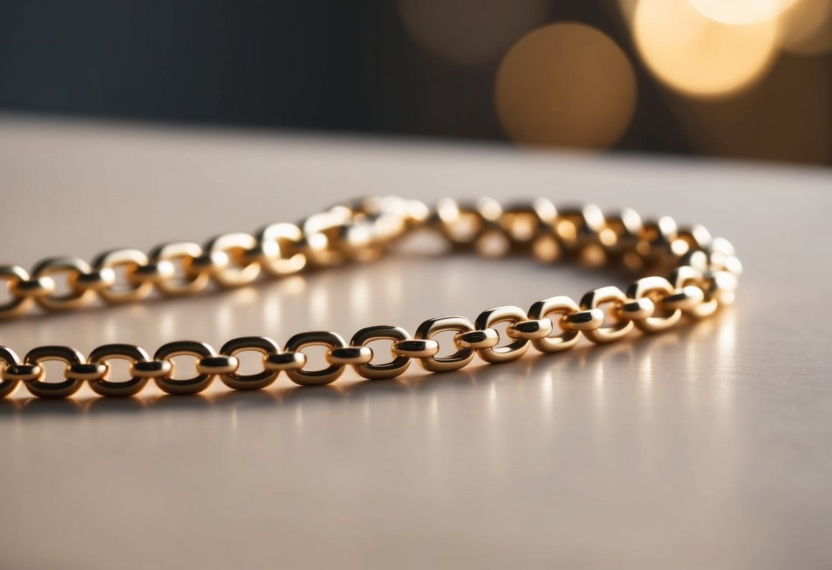 A 14k gold chain glistens under soft lighting, casting a warm glow. The intricate links form a delicate yet sturdy piece, showcasing the beauty of the precious metal