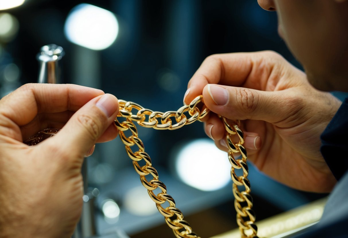 A jeweler carefully weaves a 14k gold chain, meticulously inspecting each link for perfection. The glimmering metal catches the light, showcasing the craftsmanship