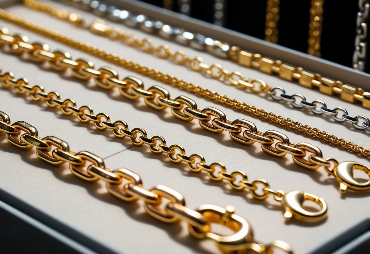 A display of various 14k gold chains, arranged by style and length, with different textures and patterns, catching the light and casting shadows