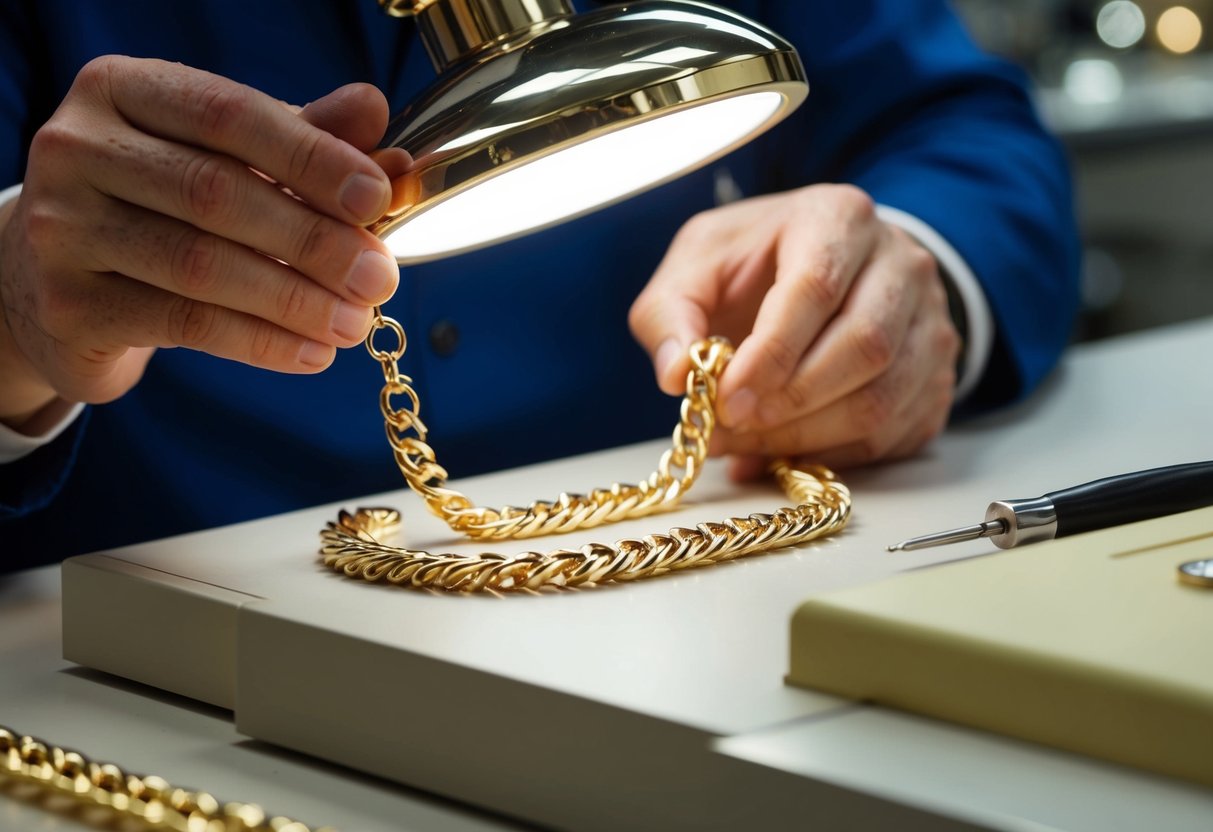 A jeweler examines a 14k gold chain under bright light, checking its weight, color, and markings for authenticity and quality