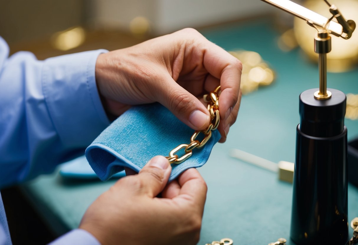 A jeweler carefully polishing a 14k gold chain with a soft cloth, inspecting for any signs of tarnish or damage