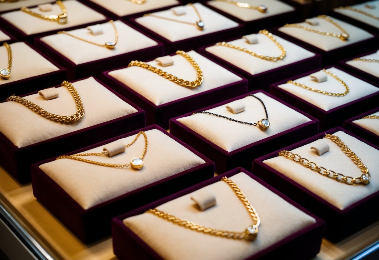 A jewelry store display showcases various 14k gold chains of different styles and lengths, arranged neatly on velvet-lined trays under soft, warm lighting