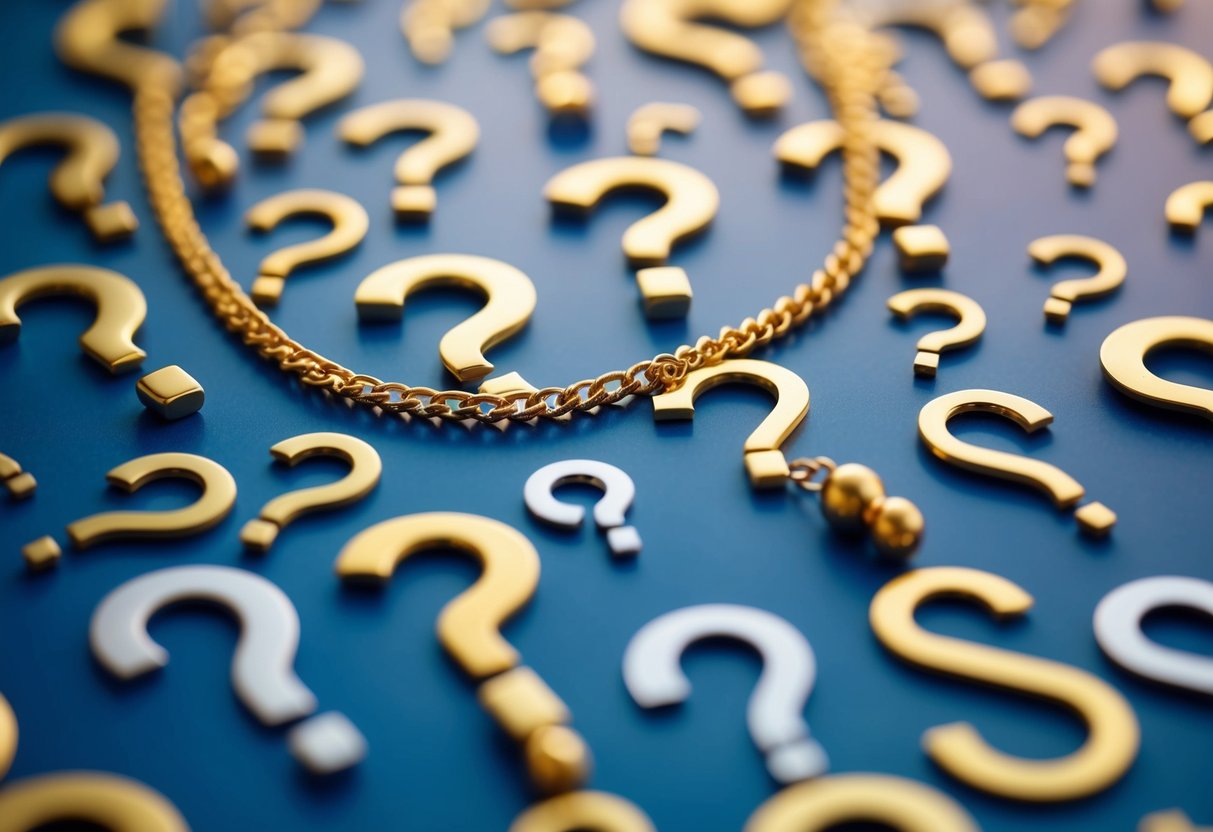 A 14k gold chain surrounded by a variety of question marks, symbolizing frequently asked questions