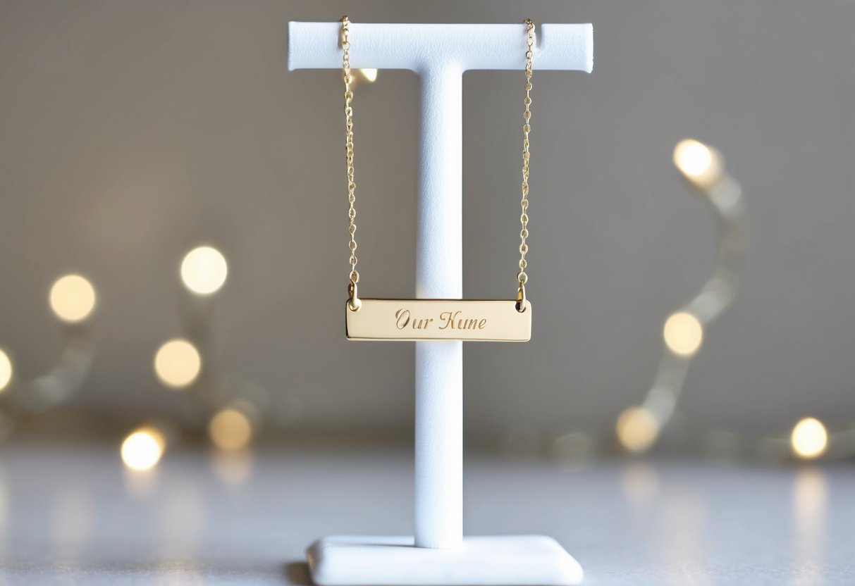 A delicate bar necklace with a custom engraving, hanging on a jewelry stand with soft lighting and a simple background