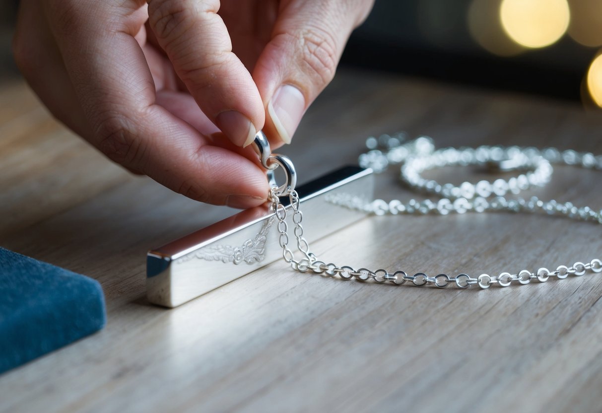 A jeweler engraves a silver bar, attaches it to a delicate chain, and polishes the finished personalized bar necklace