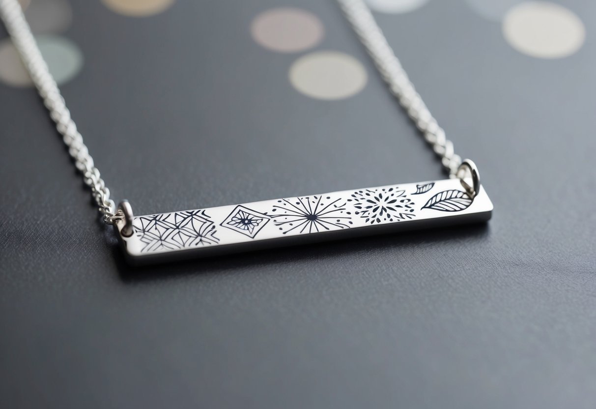 A sleek, minimalist bar necklace with engraved patterns and designs, showcasing various styles such as geometric, floral, and abstract motifs