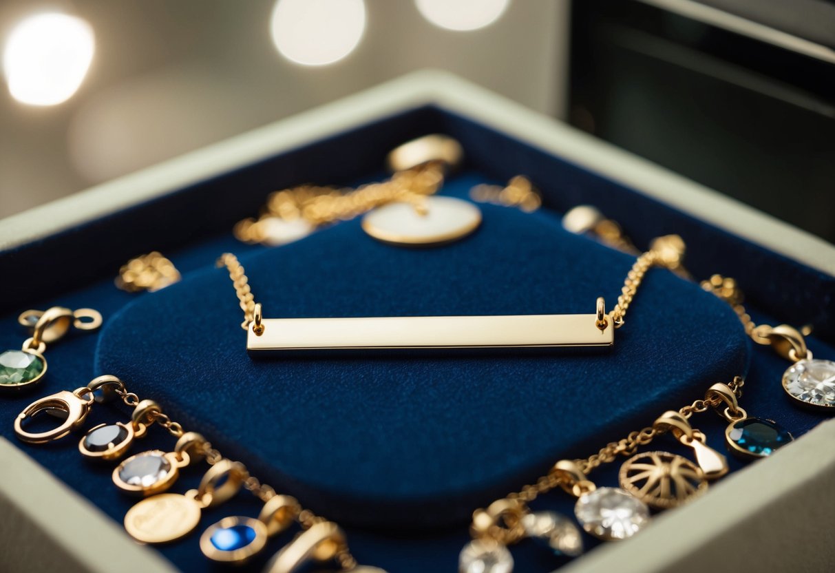 A handcrafted bar necklace sits on a velvet display, surrounded by various charms and gemstones. Light reflects off the polished metal, adding a touch of elegance to the piece