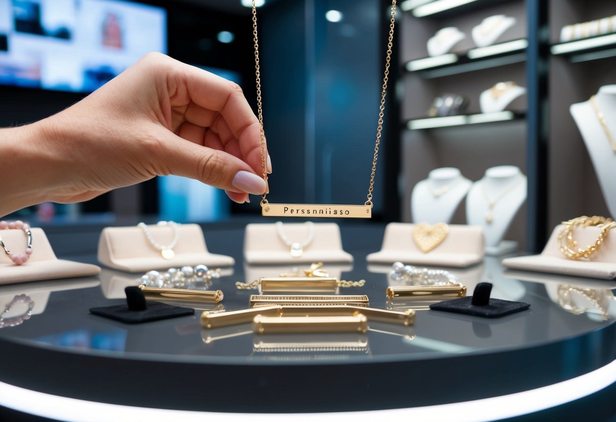 A hand reaching for a personalized bar necklace, surrounded by various designs and options displayed on a sleek, modern jewelry store counter