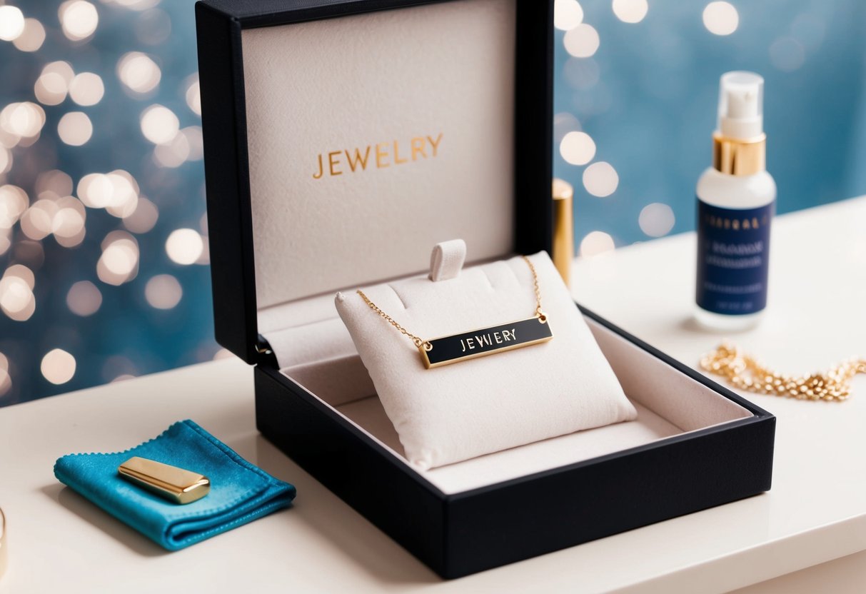 A jewelry box open on a dresser, with a personalized bar necklace displayed on a soft cloth, next to a small polishing cloth and a jewelry cleaning solution