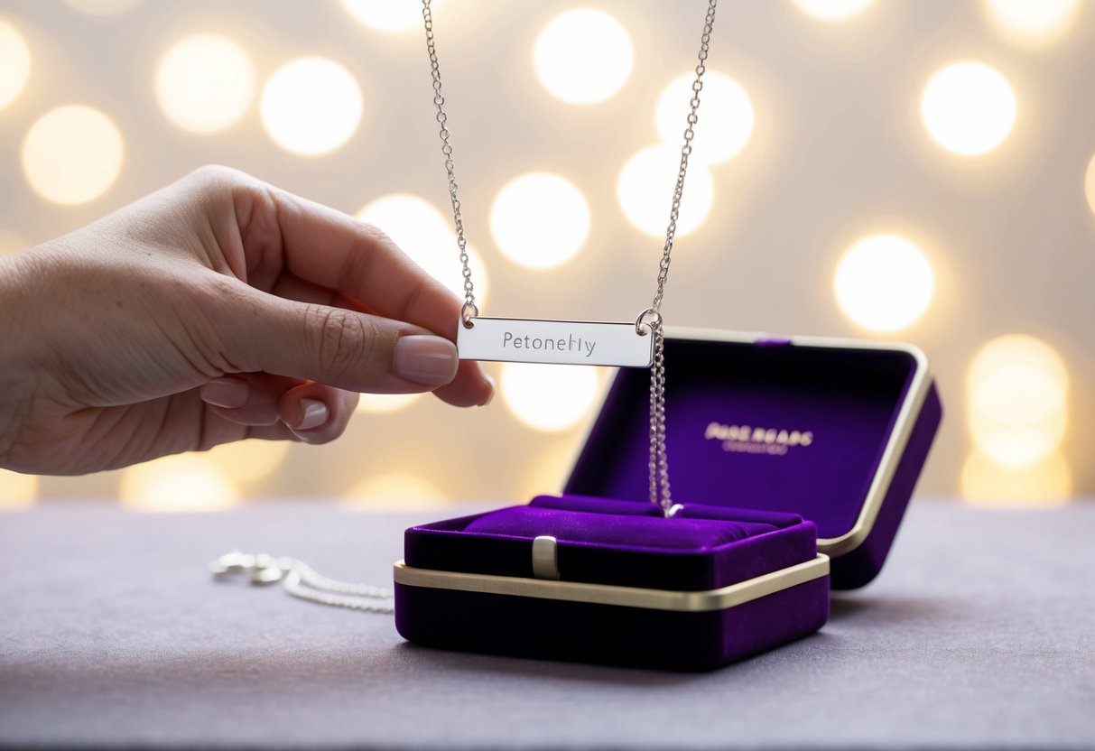 A hand reaches out to present a personalized bar necklace on a velvet-lined jewelry box, set against a backdrop of soft, glowing light