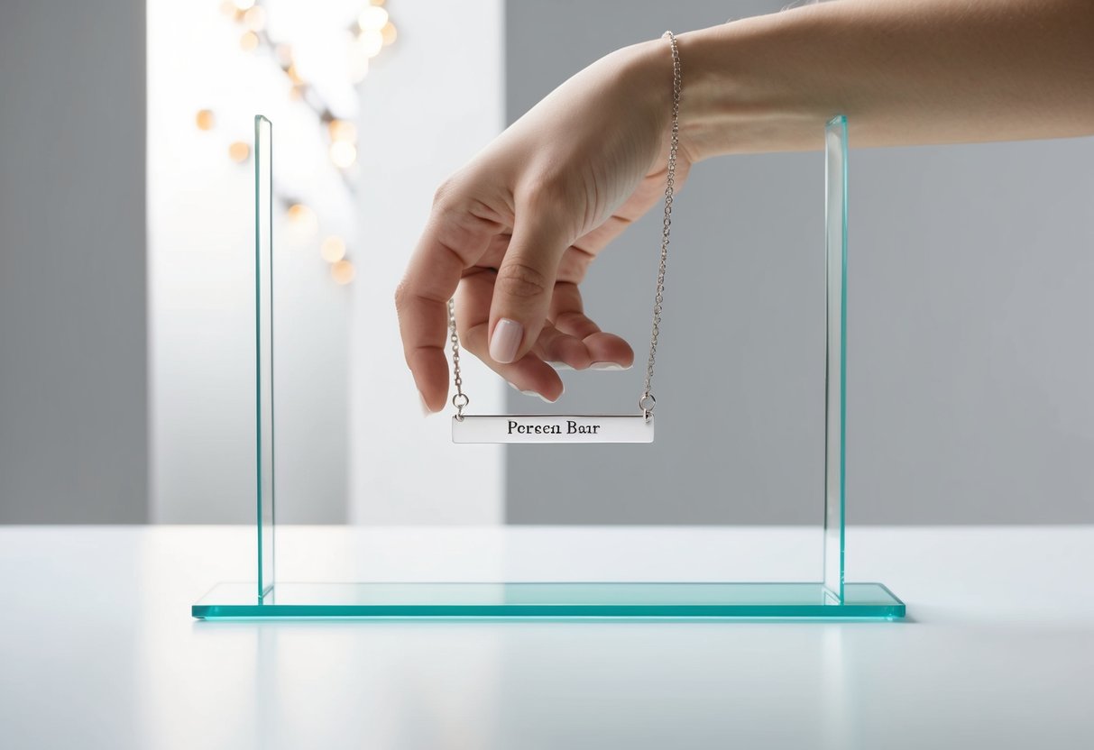 A hand reaching for a personalized bar necklace displayed on a sleek, modern website. The background features a minimalist, clean design with soft lighting