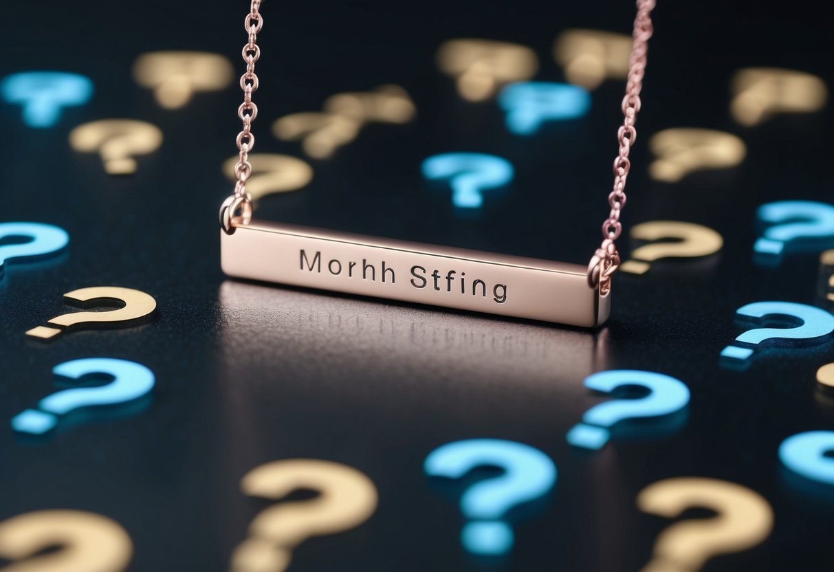 A delicate bar necklace with personalized engraving, surrounded by a cluster of question marks and a sense of curiosity