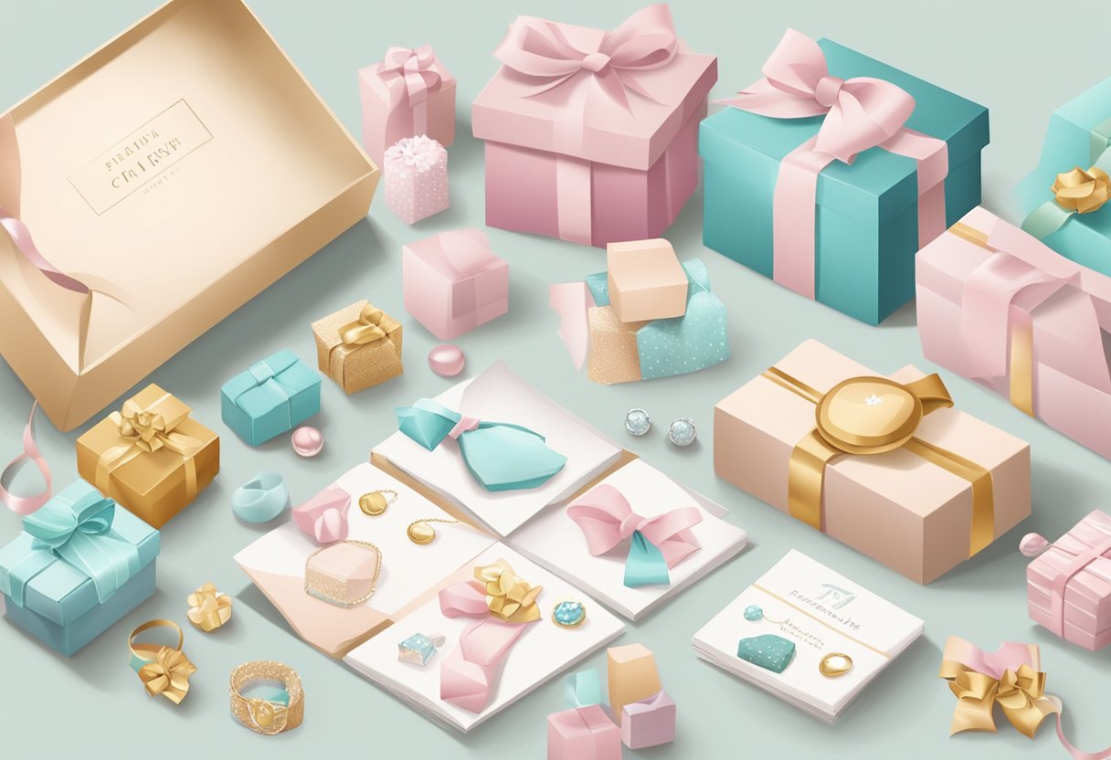 A collection of popular push presents arranged on a table - including jewelry, spa vouchers, and baby-themed gifts