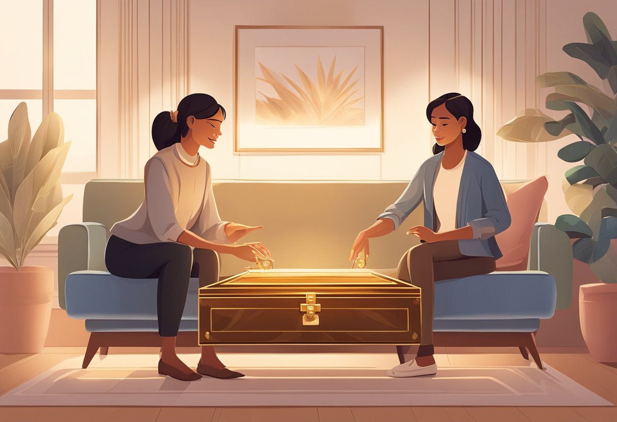 A woman receiving a jewelry box from her partner, with a thoughtful expression on her face. They are sitting in a cozy living room with soft lighting