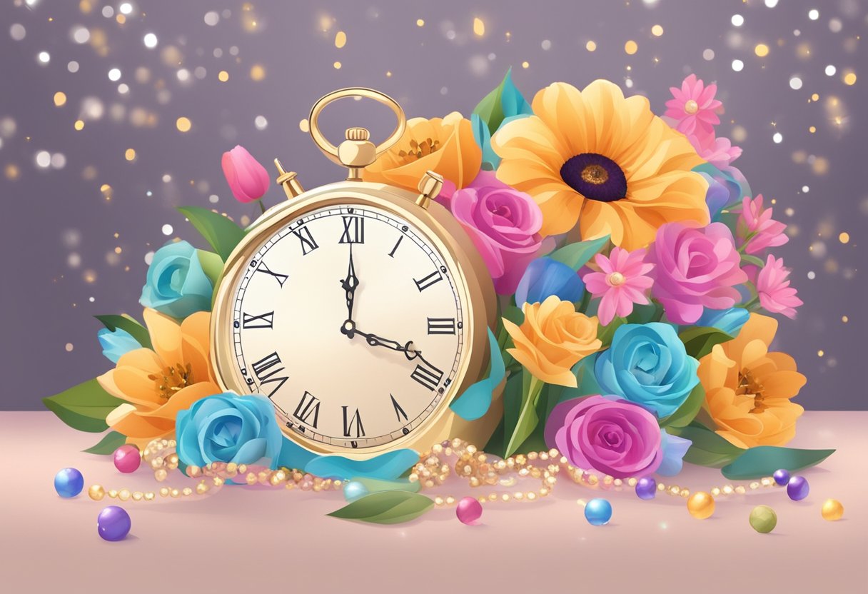 A beautifully wrapped gift box sits on a table, surrounded by colorful flowers and sparkling jewelry. A clock in the background shows the time as a reminder of the special occasion