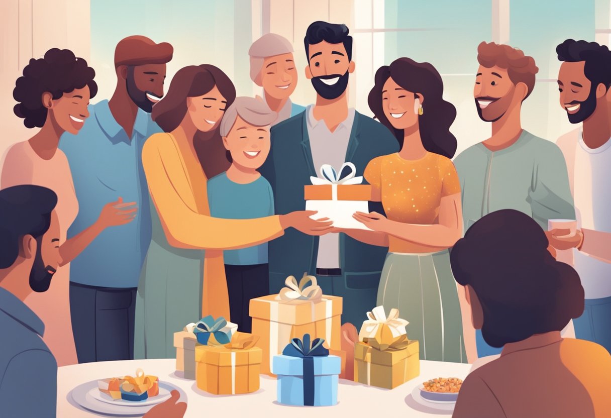 A woman receiving a gift from her partner, surrounded by family and friends, symbolizing support and celebration