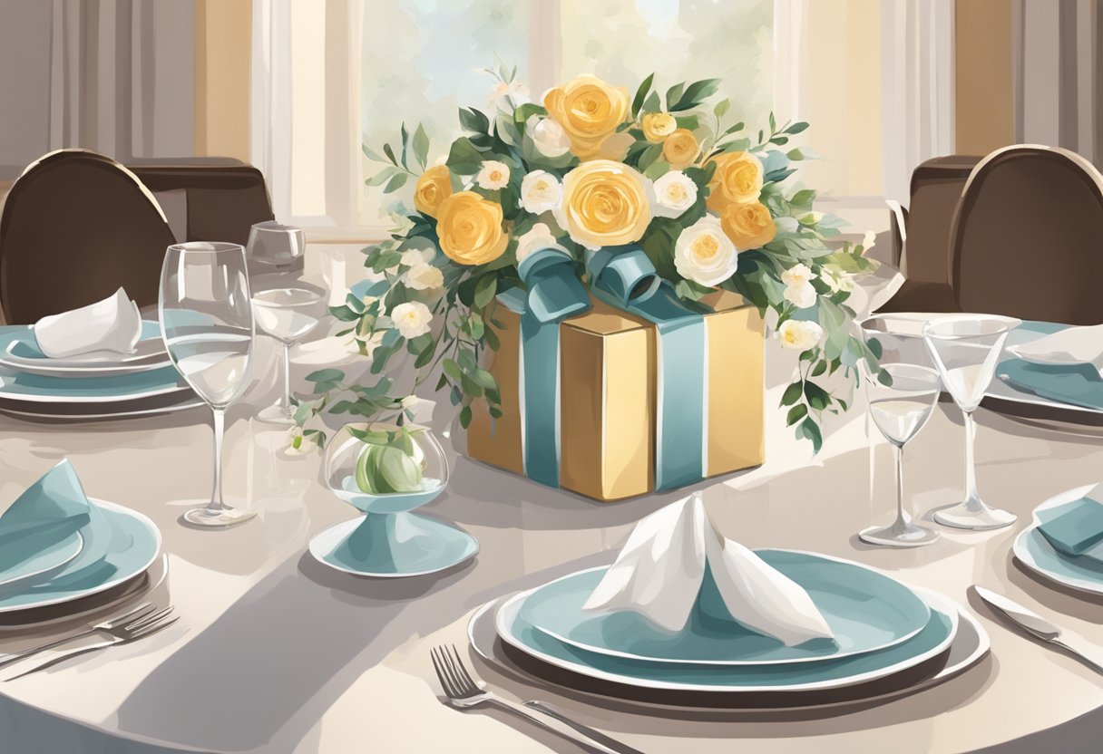 A beautifully wrapped gift sits on a table, surrounded by elegant place settings and floral arrangements. Guests appear expectant and engaged in conversation