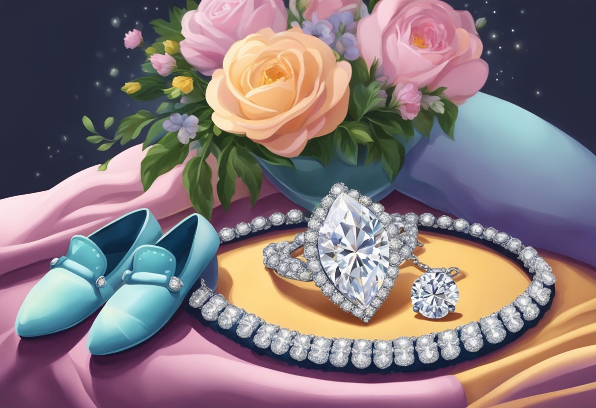 A sparkling diamond necklace rests on a velvet cushion, surrounded by delicate baby booties and a bouquet of fresh flowers