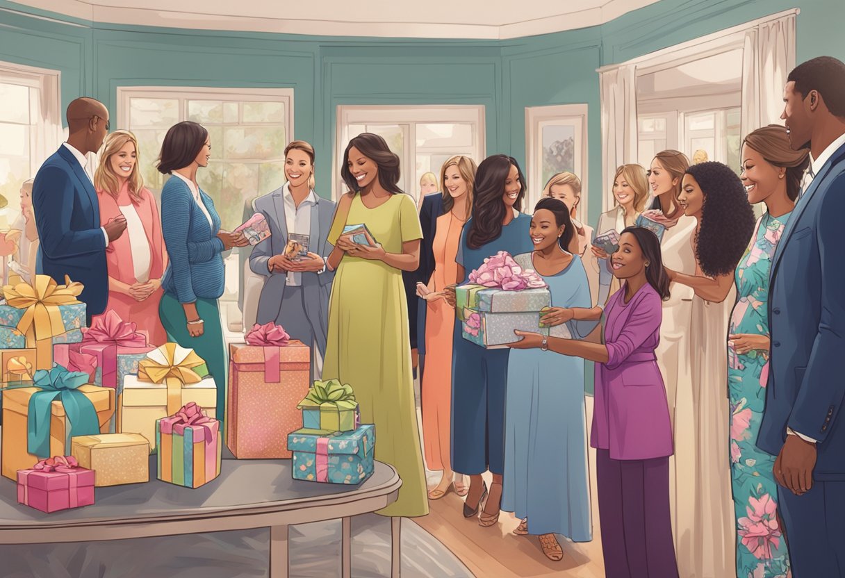 A group of expectant mothers admiring lavish gifts from celebrities, while media coverage highlights the growing trend of push presents