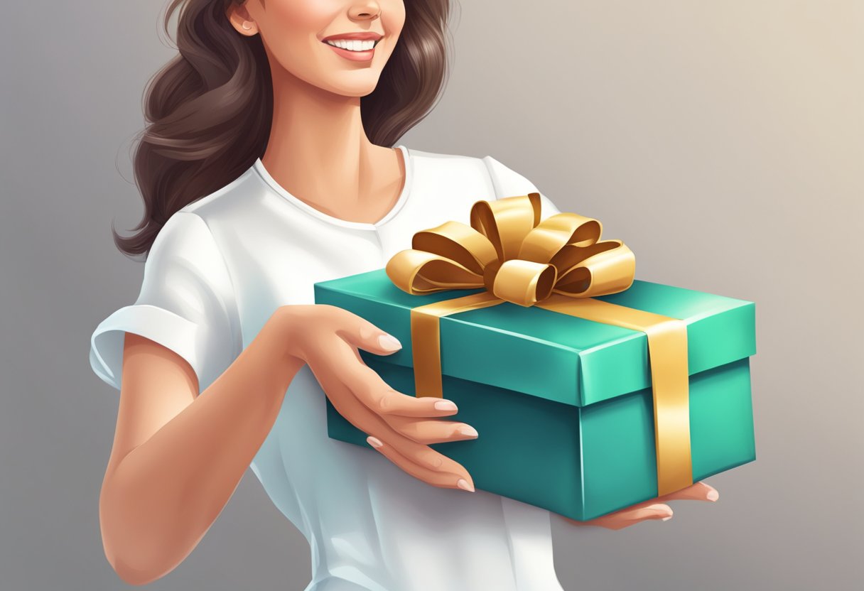 A woman receives a gift box with a bow as a push present