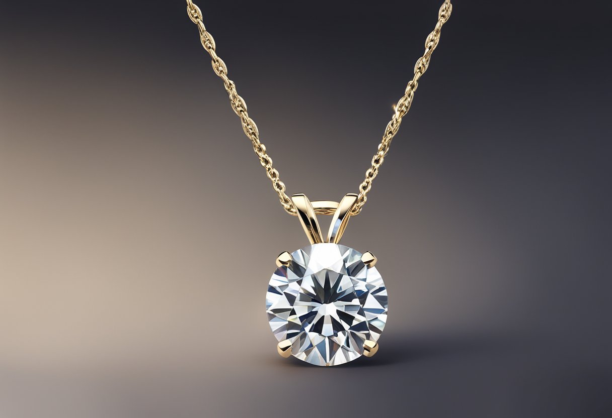 A sparkling custom moissanite pendant suspended from a delicate chain, catching the light against a dark velvet background