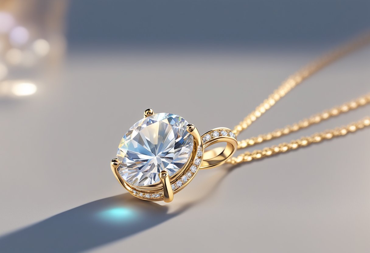 A sparkling custom moissanite pendant suspended from a delicate chain, catching the light and casting colorful reflections