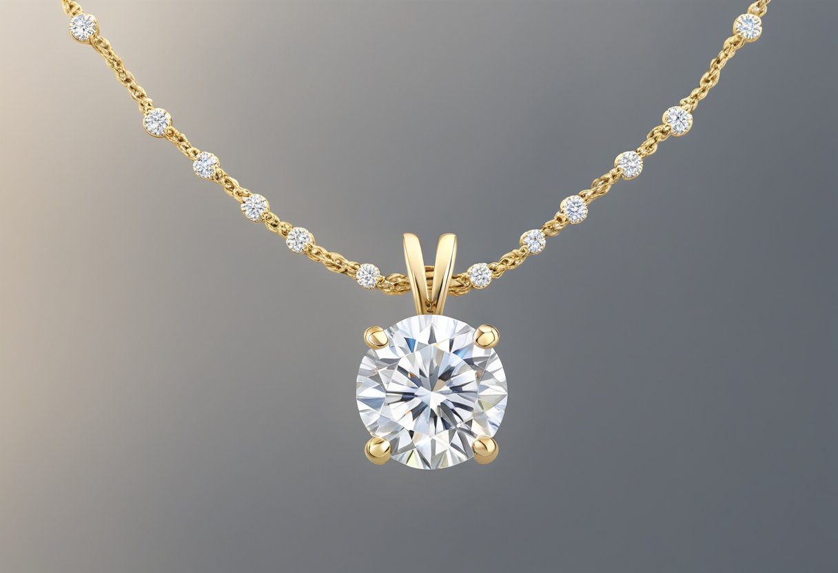 A sparkling moissanite pendant suspended from a delicate chain, catching the light with its brilliant facets. The setting is simple and elegant, showcasing the beauty of the stone