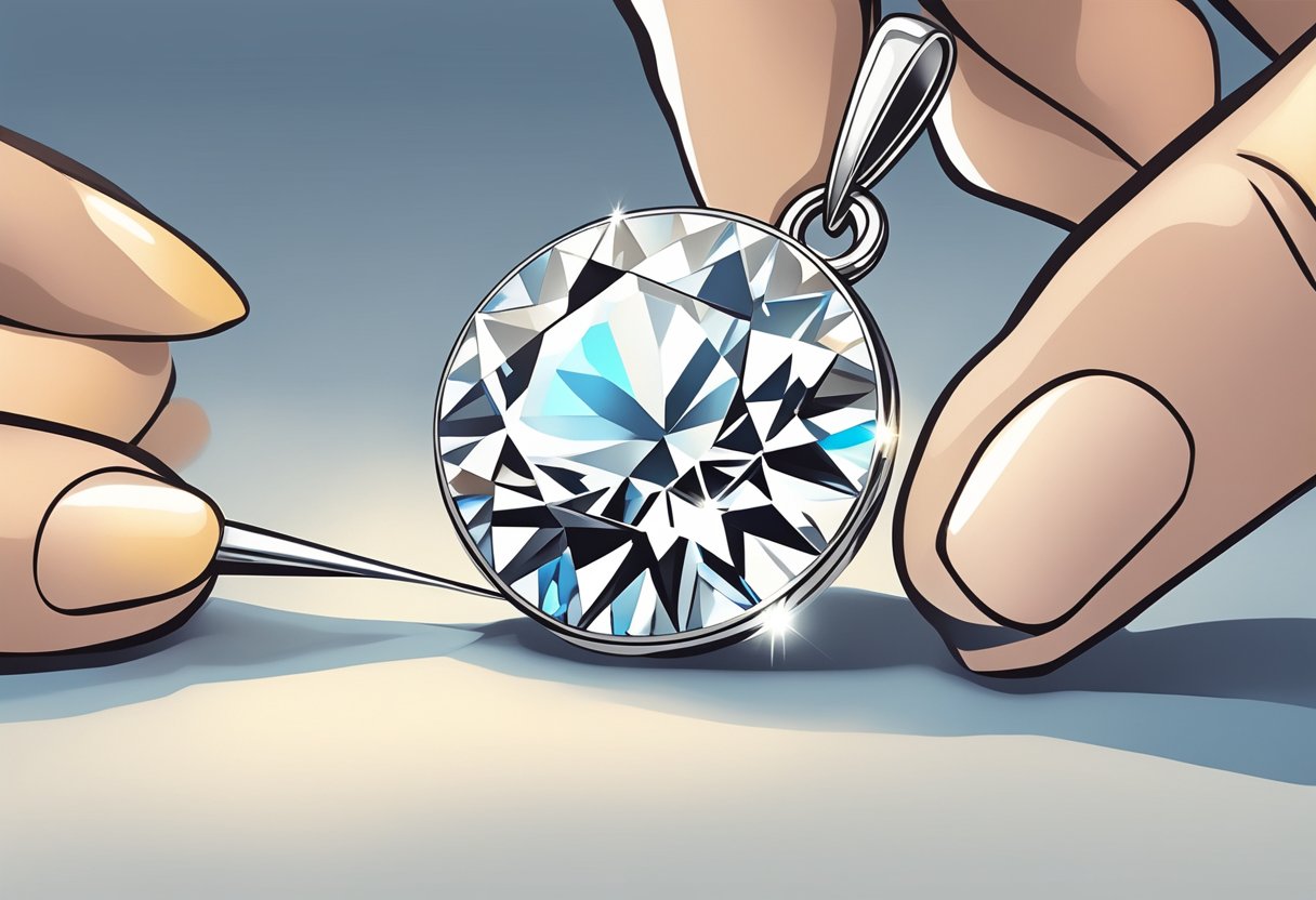 A jeweler carefully selects and sets a brilliant moissanite gem into a custom-designed pendant, using precision tools and a steady hand