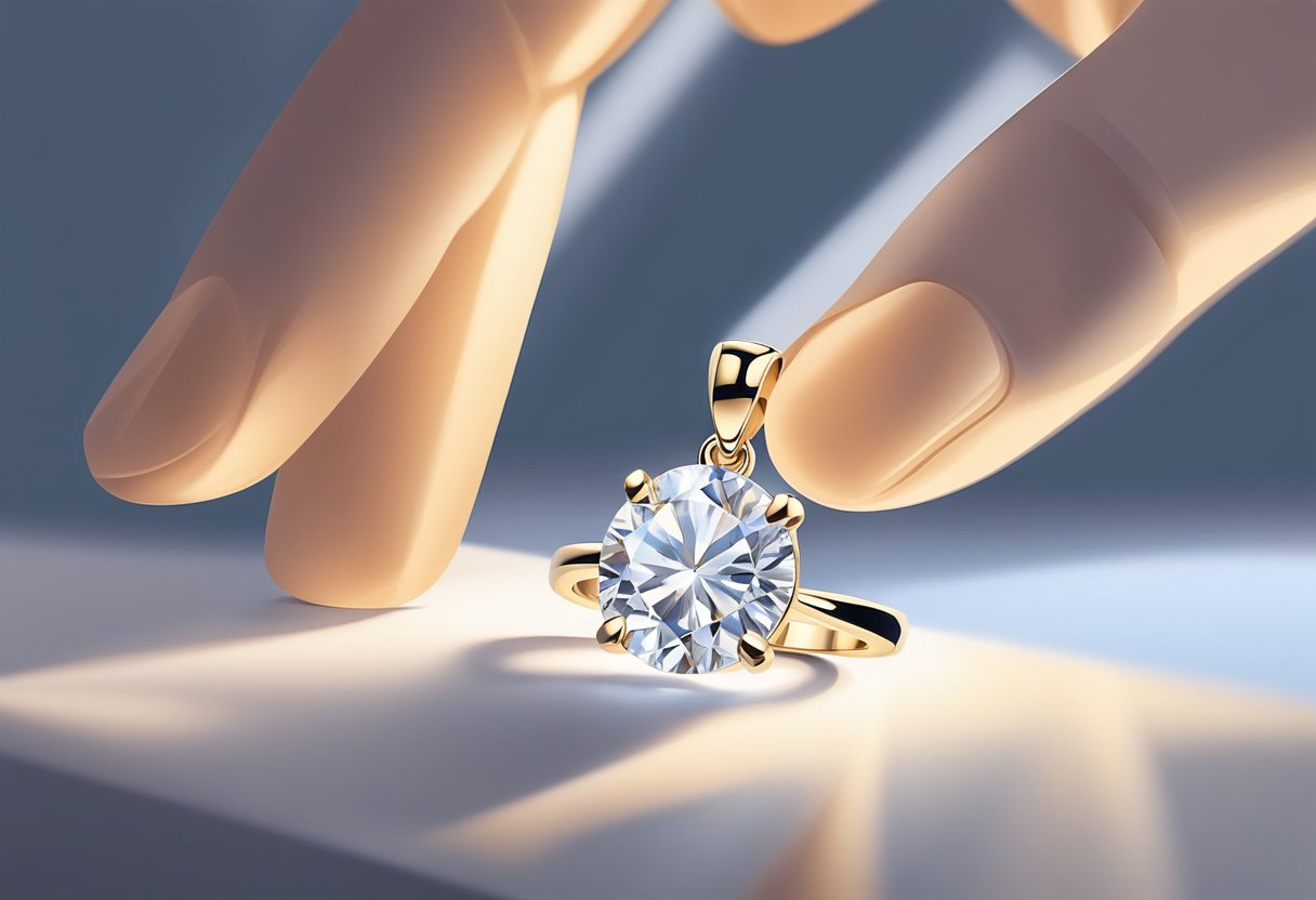 A hand gently polishing a sparkling moissanite pendant with a soft cloth, the light catching the facets and creating a dazzling display