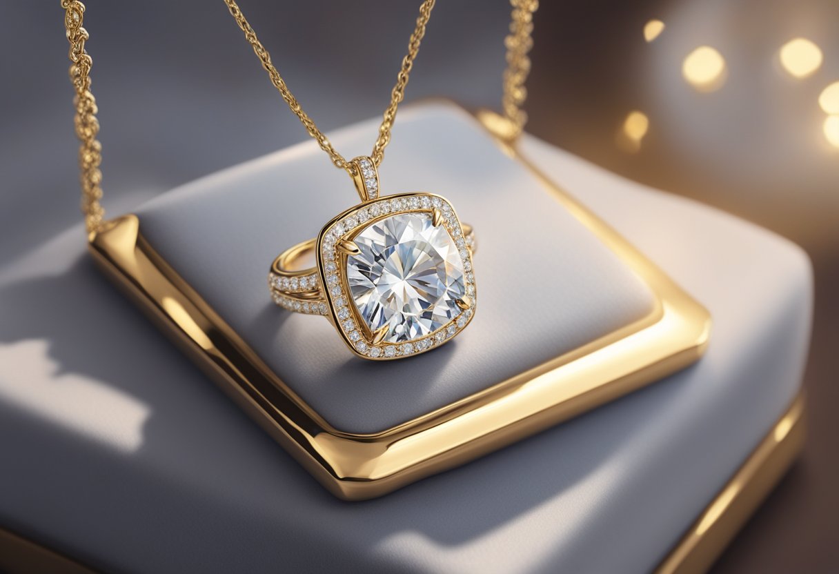 A hand reaching for a sparkling moissanite pendant displayed on a velvet cushion in a jewelry store. The pendant is set in a delicate gold or silver frame, catching the light and shimmering